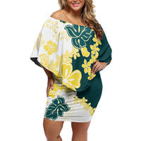 Yelow Teal Hibiscus Plumeria Floral Off Shoulder Short Dress - Polynesian Pride