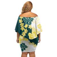 Yelow Teal Hibiscus Plumeria Floral Off Shoulder Short Dress - Polynesian Pride