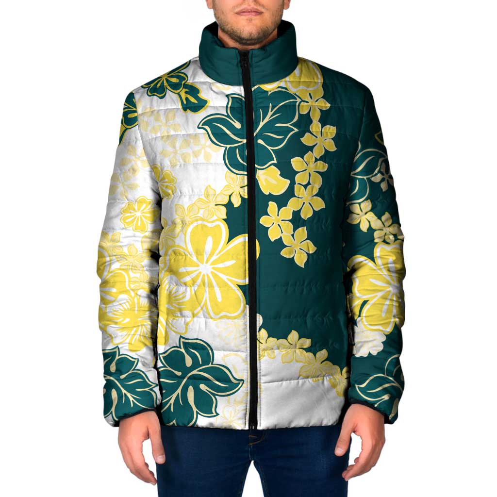 Yelow Teal Hibiscus Plumeria Floral Padded Jacket LT01 Yellow - Polynesian Pride