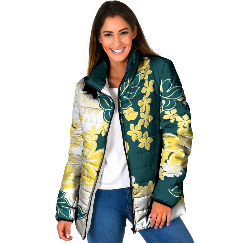 Yelow Teal Hibiscus Plumeria Floral Padded Jacket LT01 - Polynesian Pride