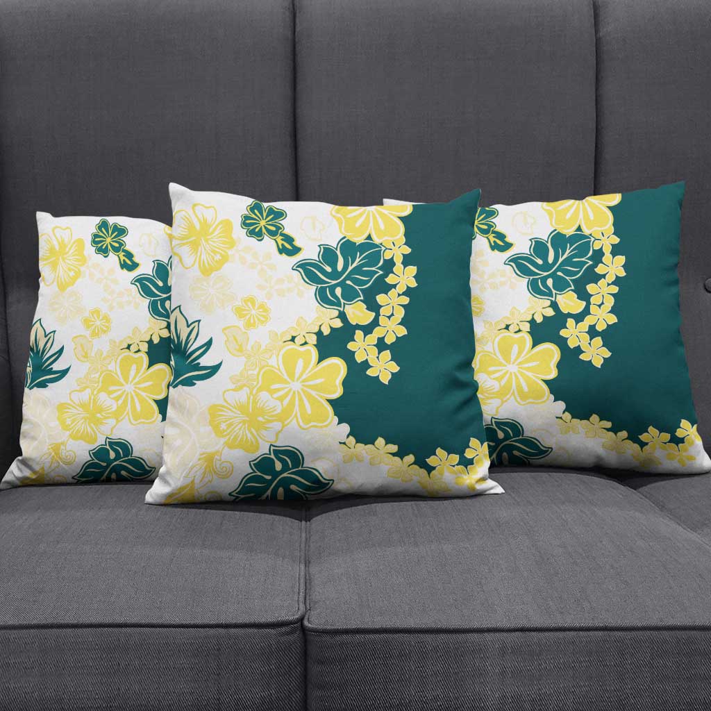 Yelow Teal Hibiscus Plumeria Floral Pillow Cover - Polynesian Pride