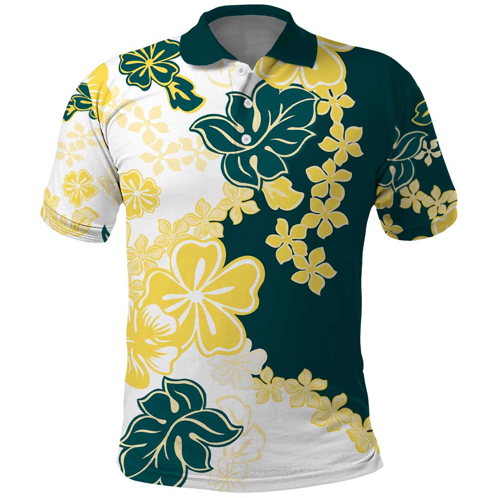 Yelow Teal Hibiscus Plumeria Floral Polo Shirt - Polynesian Pride