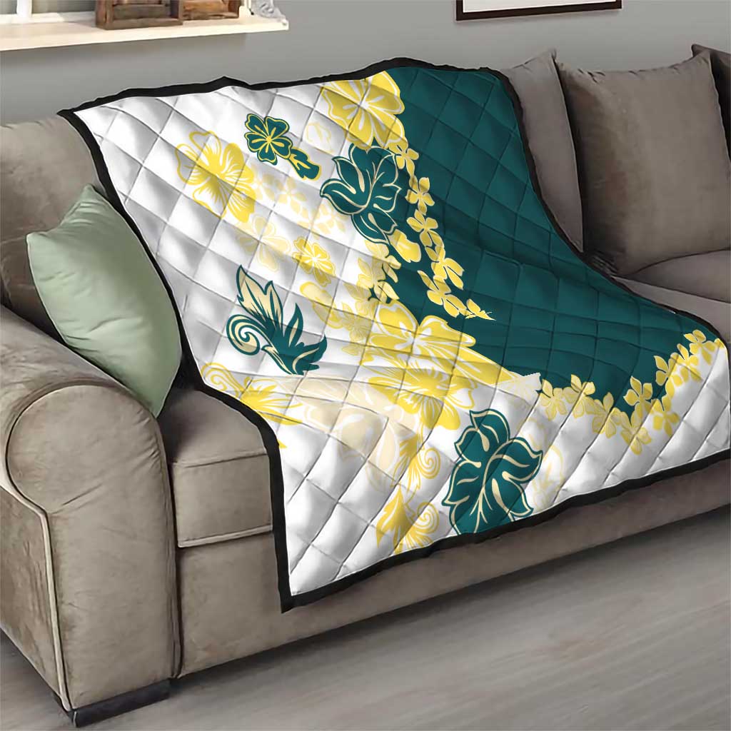 Yelow Teal Hibiscus Plumeria Floral Quilt - Polynesian Pride