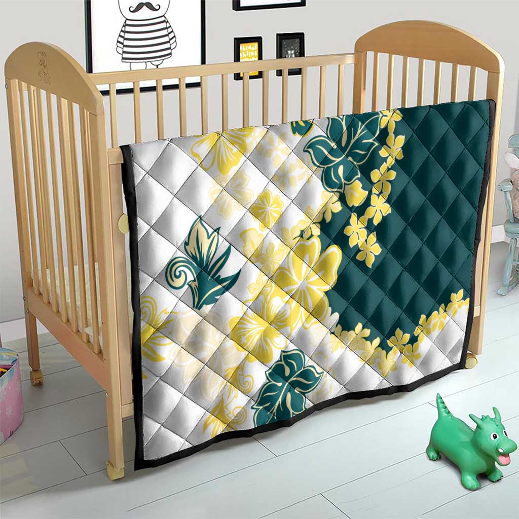 Yelow Teal Hibiscus Plumeria Floral Quilt - Polynesian Pride