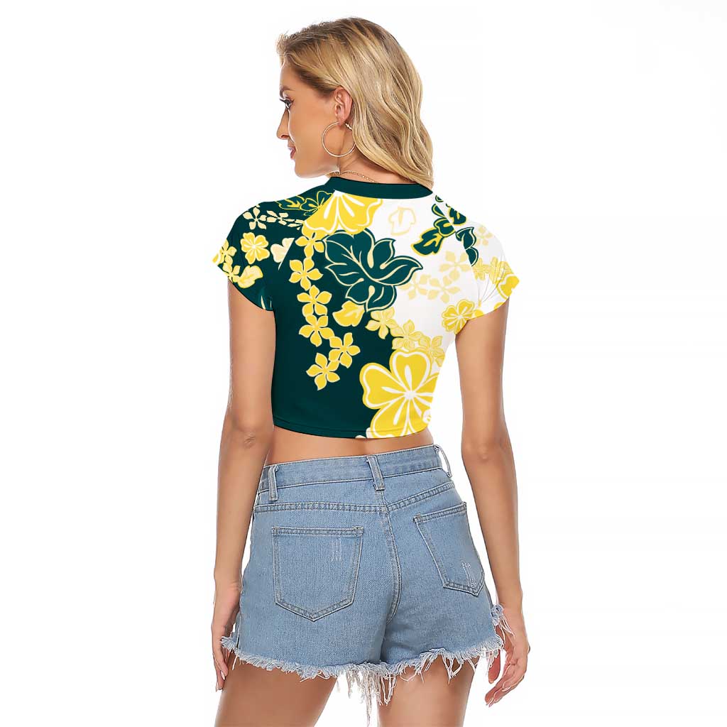 Yelow Teal Hibiscus Plumeria Floral Raglan Cropped T Shirt - Polynesian Pride