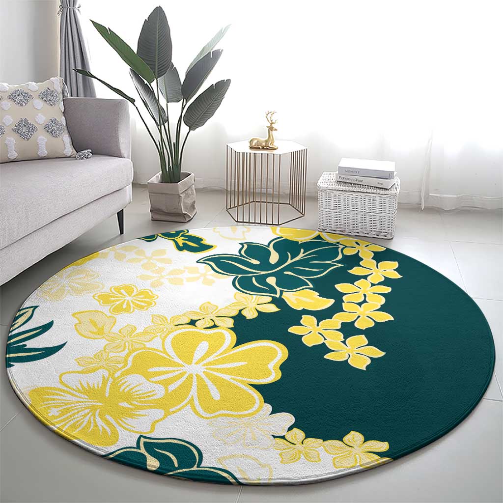 Yelow Teal Hibiscus Plumeria Floral Round Carpet - Polynesian Pride