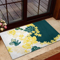 Yelow Teal Hibiscus Plumeria Floral Rubber Doormat LT01 - Polynesian Pride