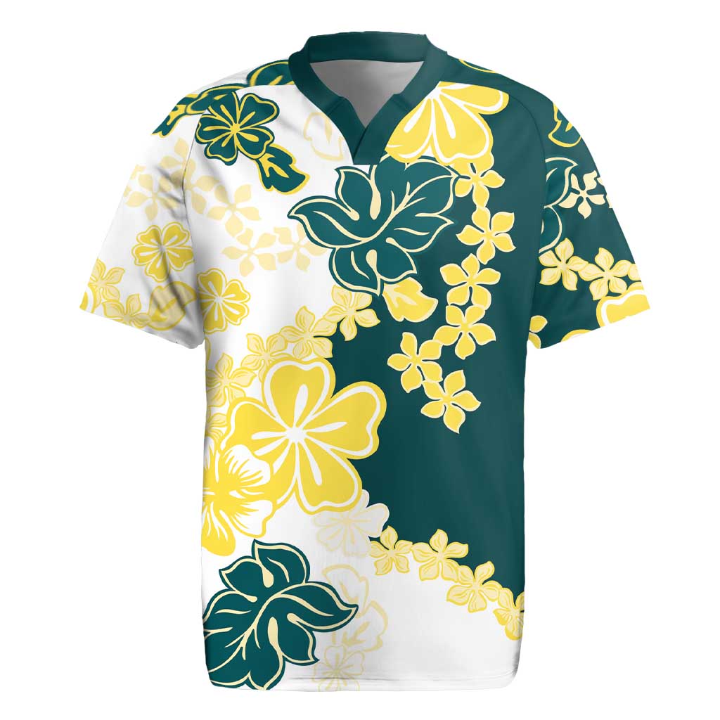 Yelow Teal Hibiscus Plumeria Floral Rugby Jersey LT01 Yellow - Polynesian Pride