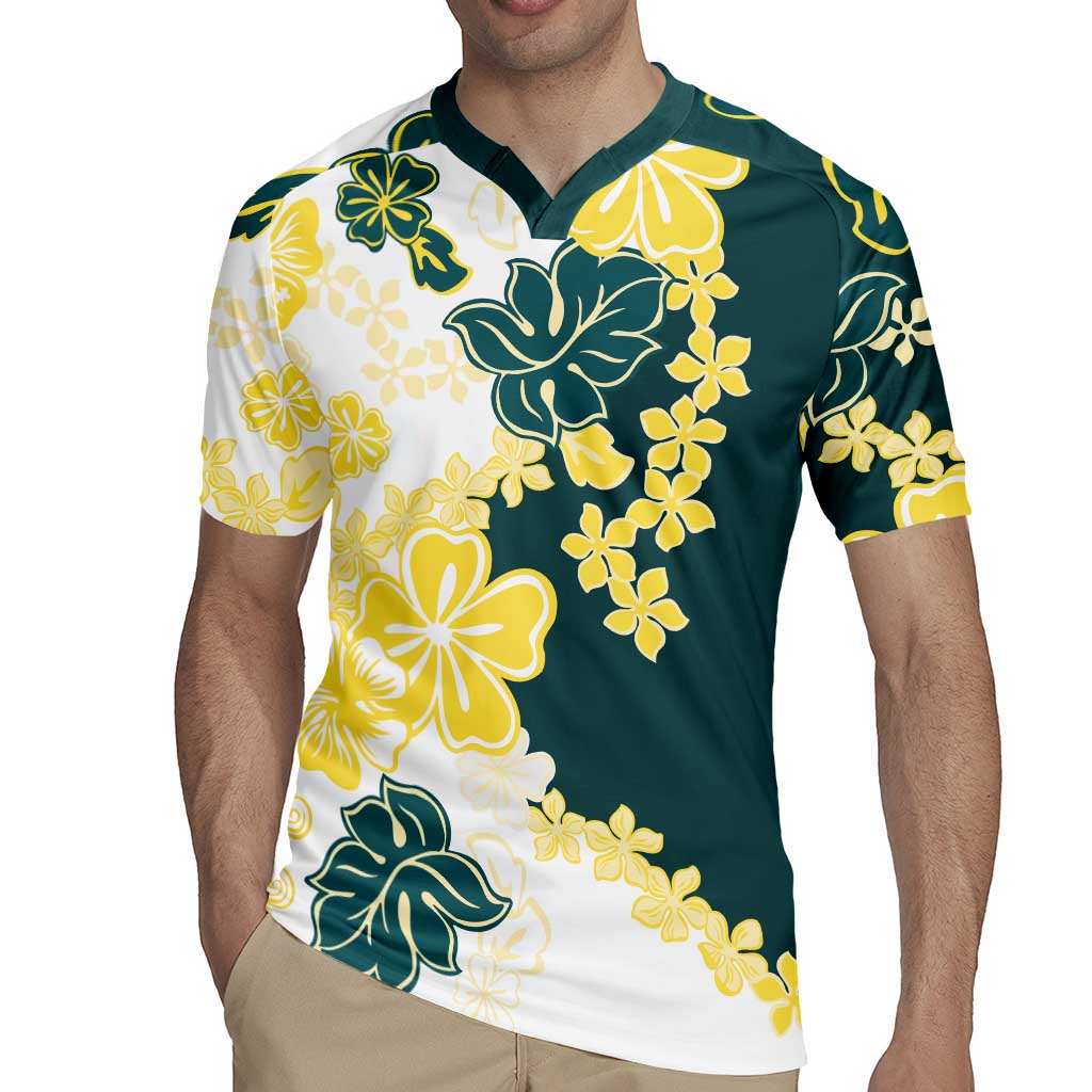 Yelow Teal Hibiscus Plumeria Floral Rugby Jersey LT01 - Polynesian Pride