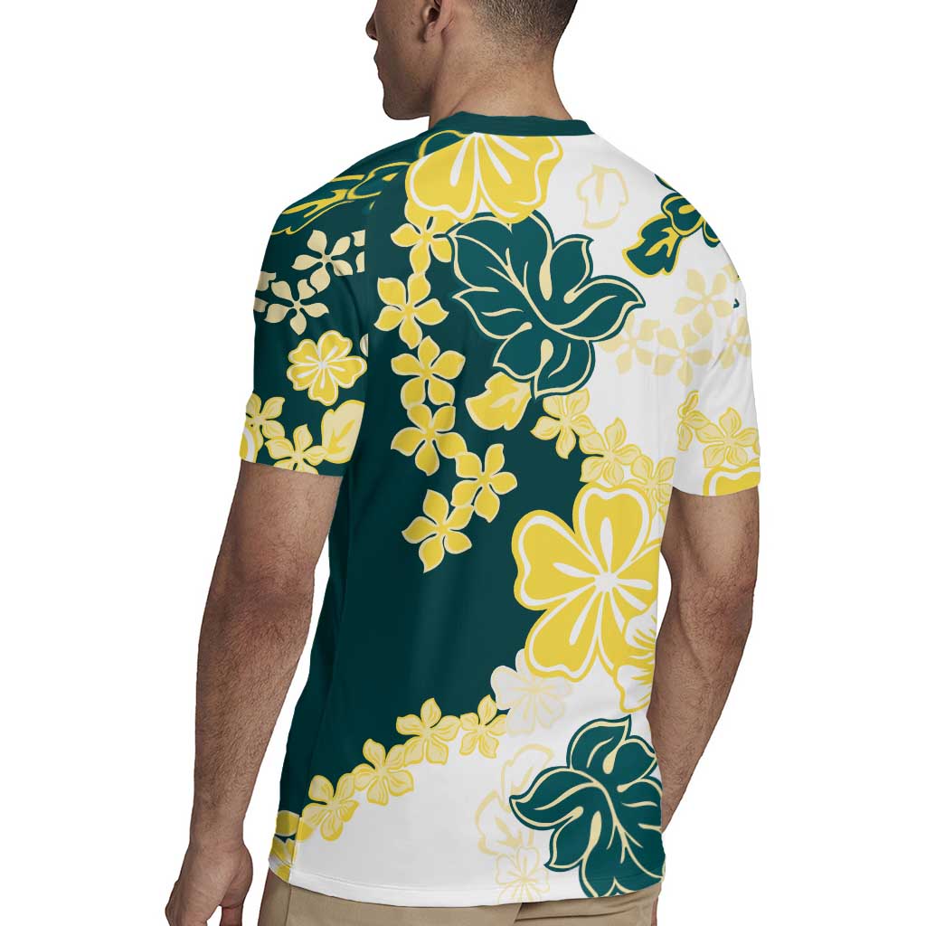 Yelow Teal Hibiscus Plumeria Floral Rugby Jersey LT01 - Polynesian Pride