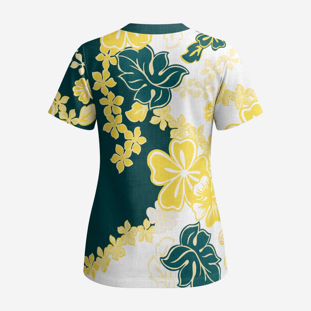 Yelow Teal Hibiscus Plumeria Floral Scrub Top LT01 - Polynesian Pride
