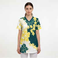 Yelow Teal Hibiscus Plumeria Floral Scrub Top LT01 - Polynesian Pride