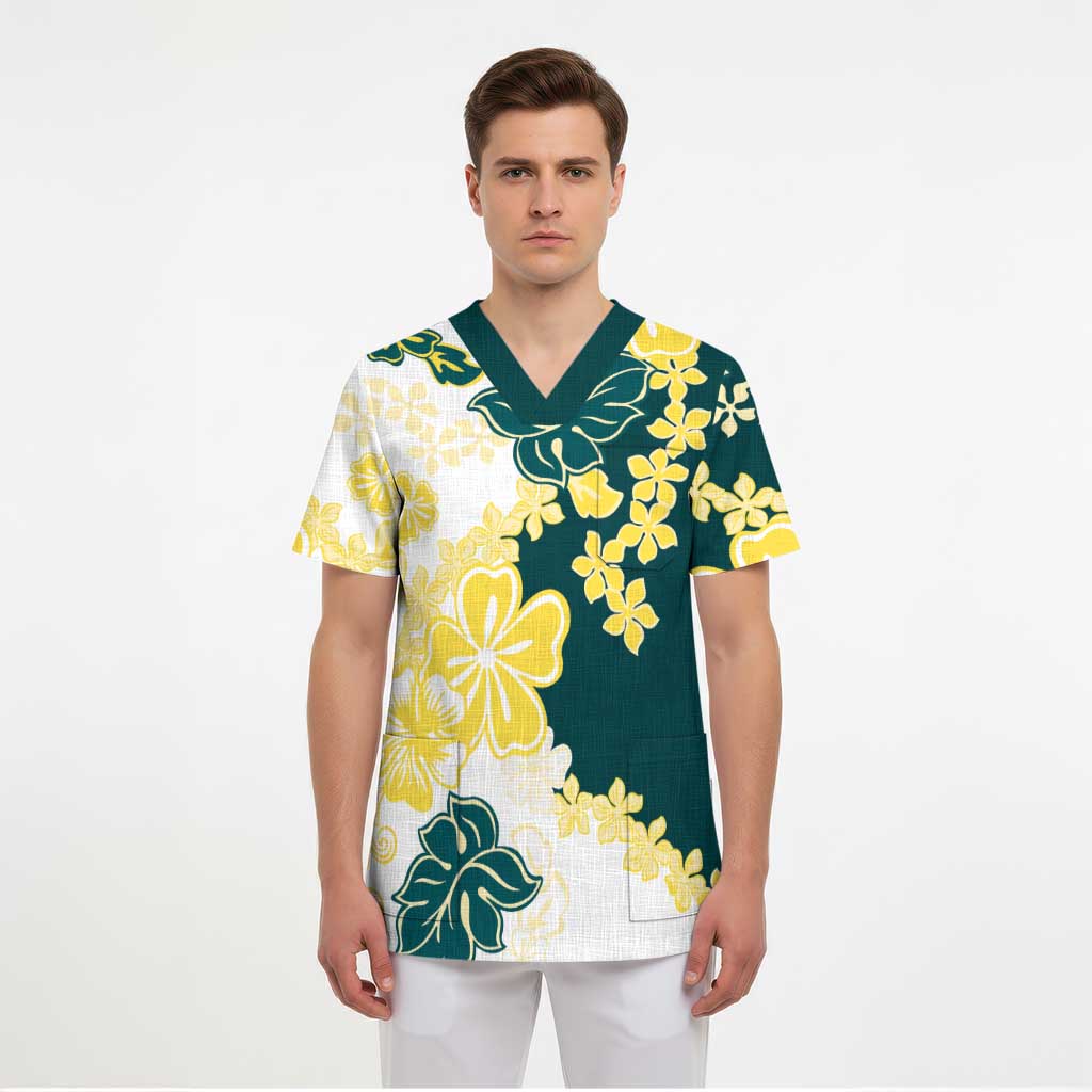 Yelow Teal Hibiscus Plumeria Floral Scrub Top LT01 - Polynesian Pride