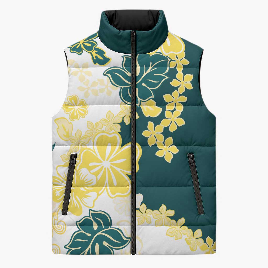 Yelow Teal Hibiscus Plumeria Floral Sleeveless Puffer Jacket LT01 Yellow - Polynesian Pride