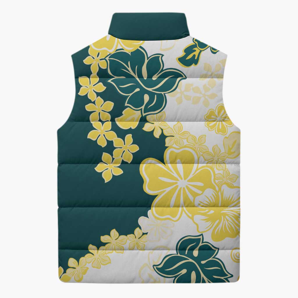 Yelow Teal Hibiscus Plumeria Floral Sleeveless Puffer Jacket LT01 - Polynesian Pride