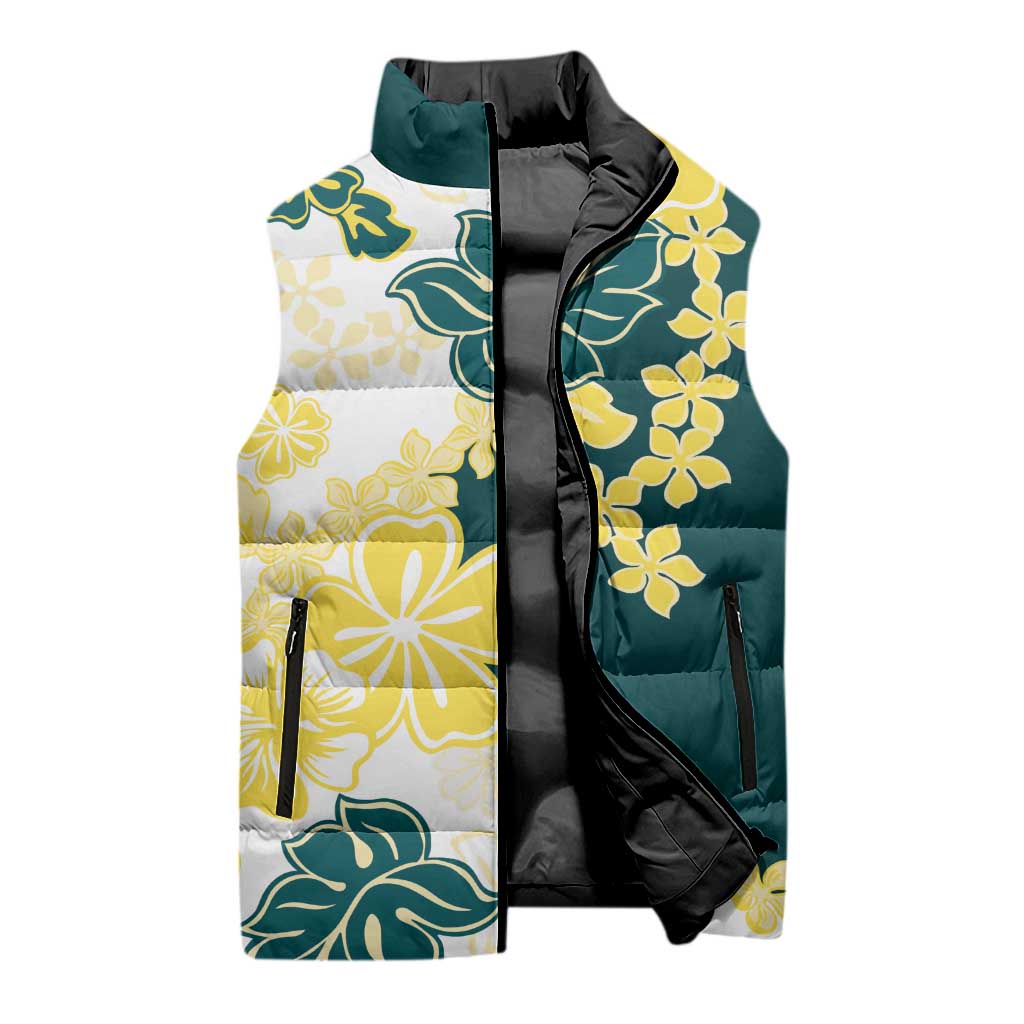 Yelow Teal Hibiscus Plumeria Floral Sleeveless Puffer Jacket LT01 - Polynesian Pride