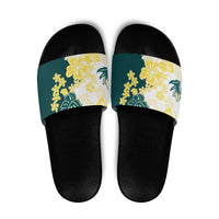 Yelow Teal Hibiscus Plumeria Floral Slide Sandals - Polynesian Pride