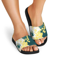 Yelow Teal Hibiscus Plumeria Floral Slide Sandals - Polynesian Pride