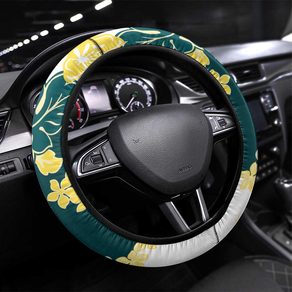 Yelow Teal Hibiscus Plumeria Floral Steering Wheel Cover LT01 Universal Fit Yellow - Polynesian Pride