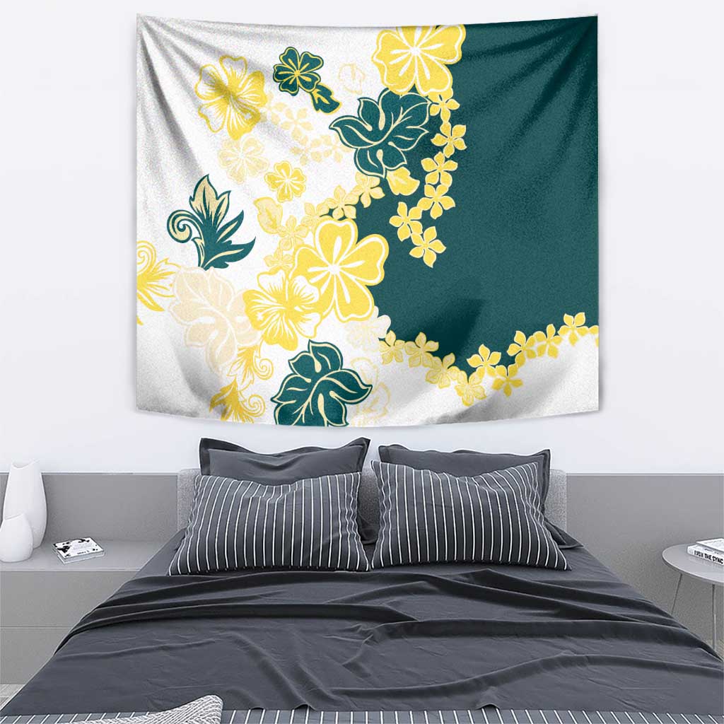 Yelow Teal Hibiscus Plumeria Floral Tapestry - Polynesian Pride