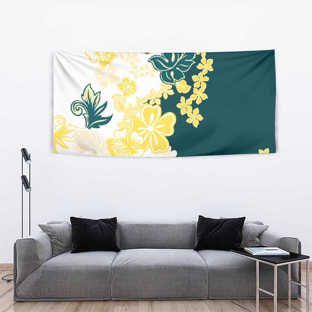 Yelow Teal Hibiscus Plumeria Floral Tapestry - Polynesian Pride