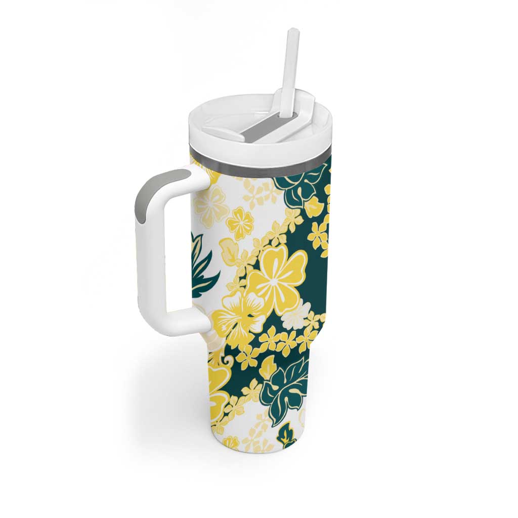 Yelow Teal Hibiscus Plumeria Floral Tumbler With Handle - Polynesian Pride