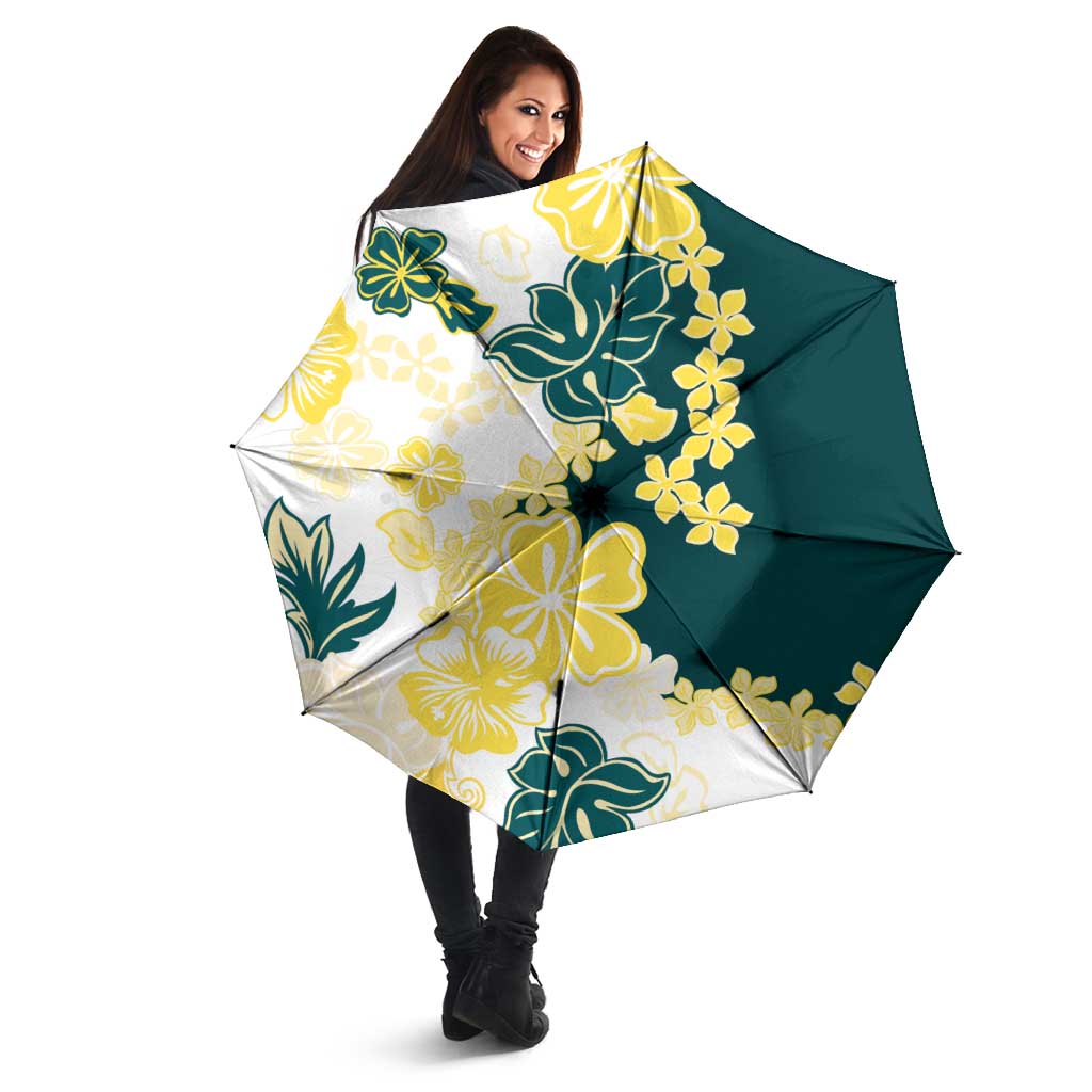 Yelow Teal Hibiscus Plumeria Floral Umbrella - Polynesian Pride