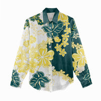 Yelow Teal Hibiscus Plumeria Floral Women Casual Shirt - Polynesian Pride