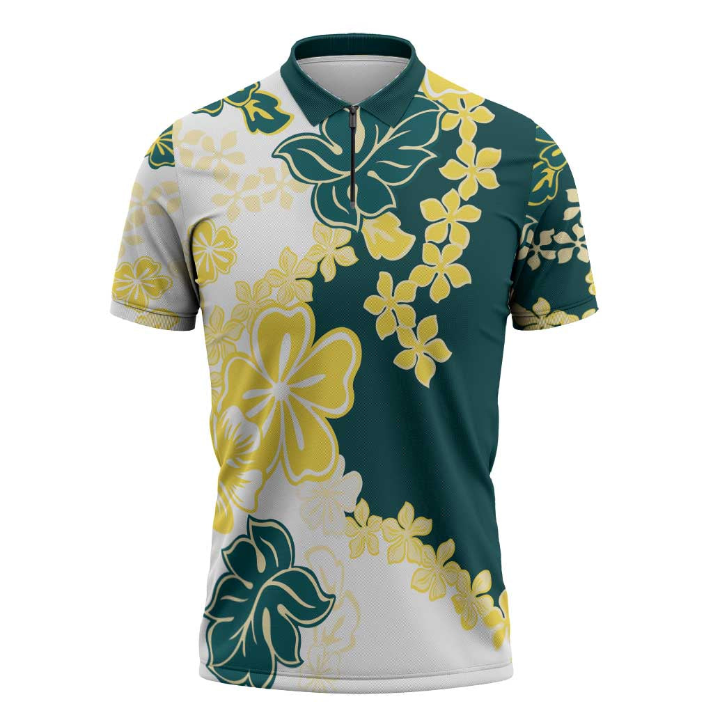 Yelow Teal Hibiscus Plumeria Floral Zipper Polo Shirt LT01 Yellow - Polynesian Pride