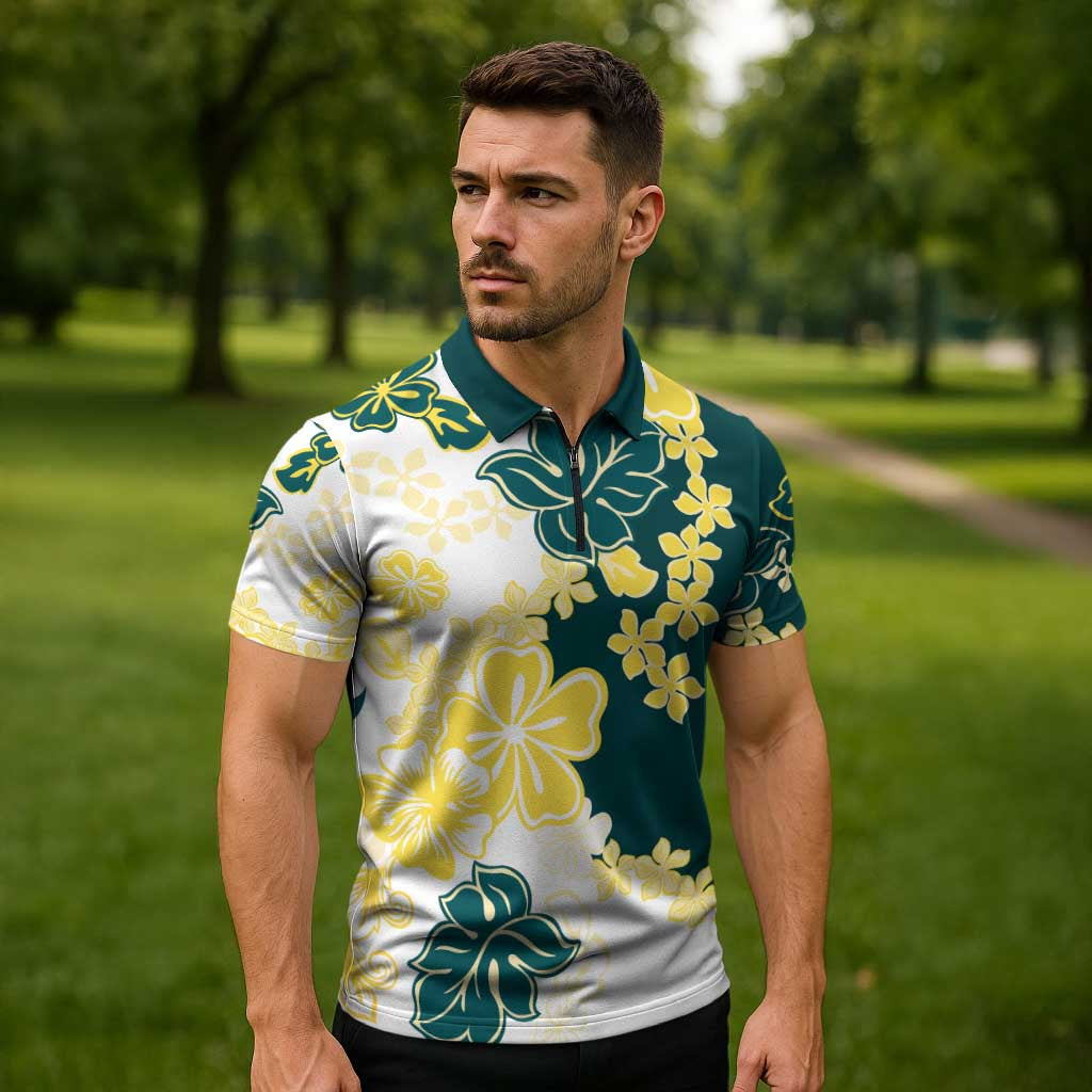 Yelow Teal Hibiscus Plumeria Floral Zipper Polo Shirt LT01 - Polynesian Pride