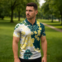 Yelow Teal Hibiscus Plumeria Floral Zipper Polo Shirt LT01 - Polynesian Pride