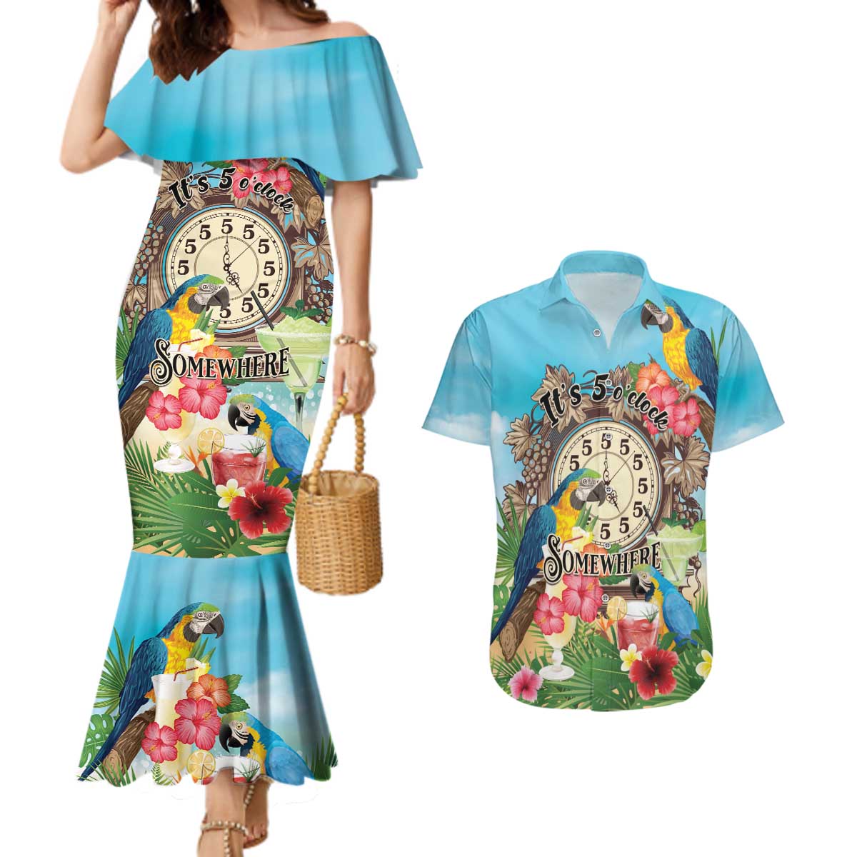 Personalized It's 5 o'clock Somewhere Couples Matching Mermaid Dress and Hawaiian Shirt Hawaiian Tropical Parrots - Polynesian Pride