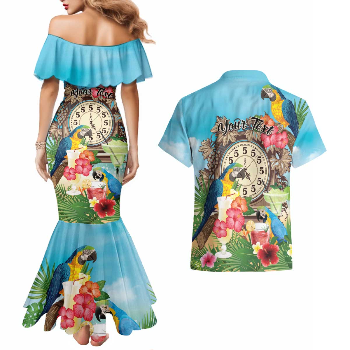 Personalized It's 5 o'clock Somewhere Couples Matching Mermaid Dress and Hawaiian Shirt Hawaiian Tropical Parrots - Polynesian Pride