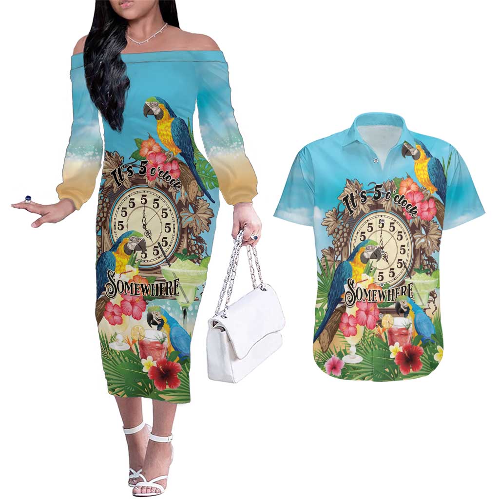 Personalized It's 5 o'clock Somewhere Couples Matching Off The Shoulder Long Sleeve Dress and Hawaiian Shirt Hawaiian Tropical Parrots - Polynesian Pride