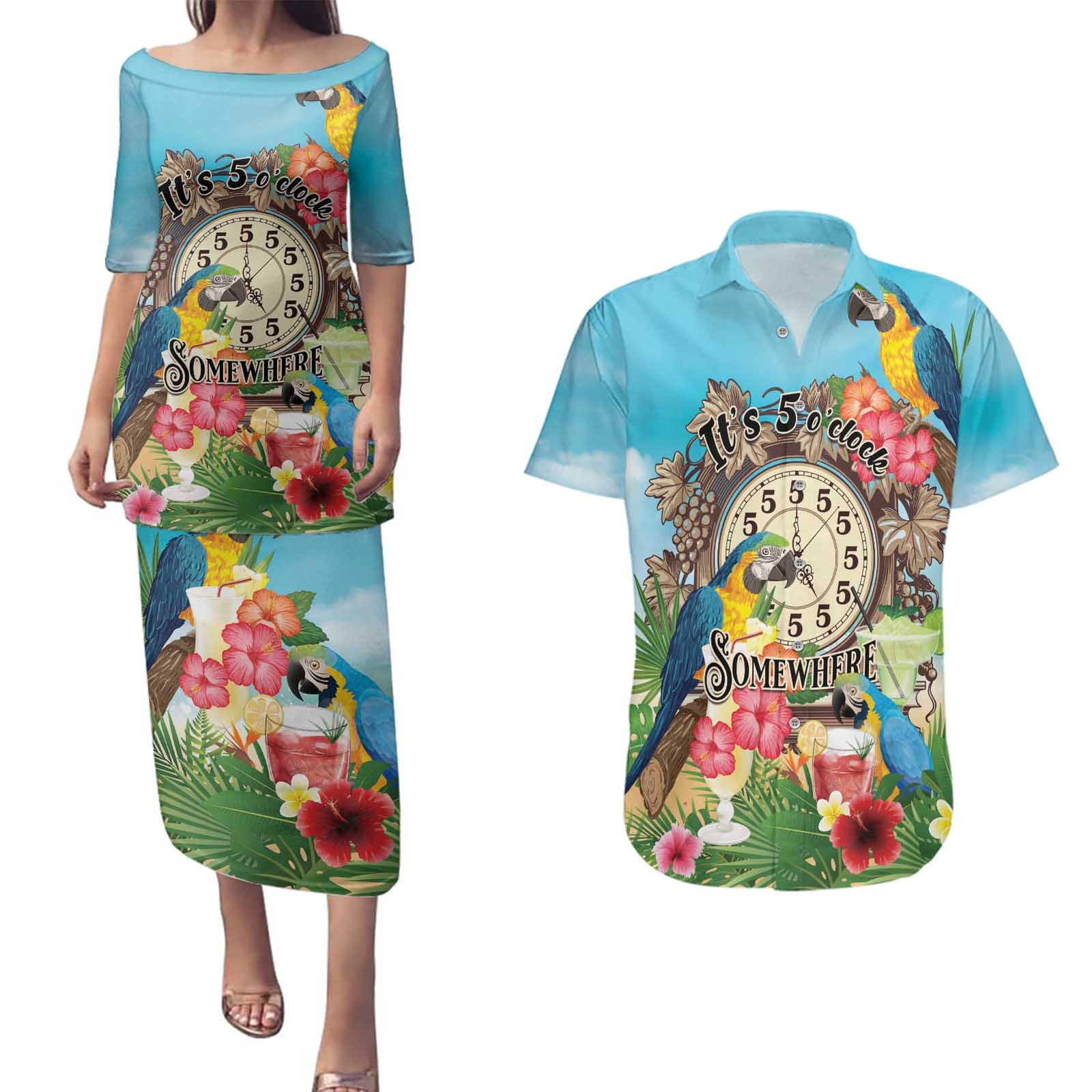Personalized It's 5 o'clock Somewhere Couples Matching Puletasi and Hawaiian Shirt Hawaiian Tropical Parrots LT01 Blue - Polynesian Pride