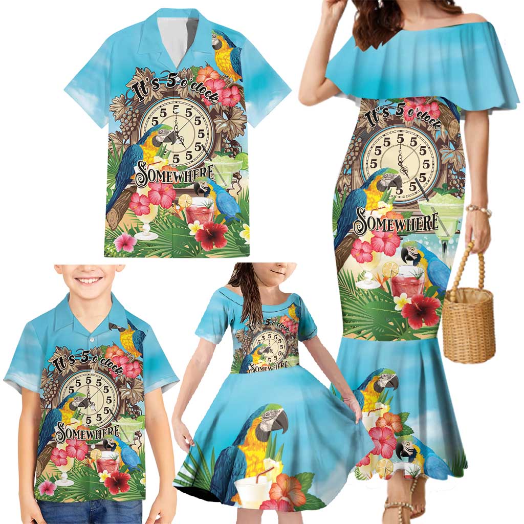 Personalized It's 5 o'clock Somewhere Family Matching Mermaid Dress and Hawaiian Shirt Hawaiian Tropical Parrots - Polynesian Pride