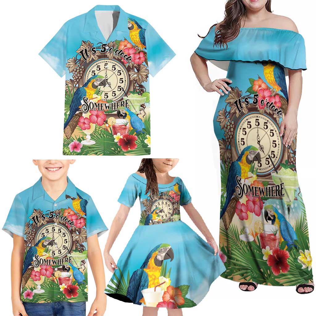 Personalized It's 5 o'clock Somewhere Family Matching Off Shoulder Maxi Dress and Hawaiian Shirt Hawaiian Tropical Parrots - Polynesian Pride