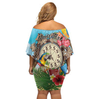 Personalized It's 5 o'clock Somewhere Family Matching Off Shoulder Short Dress and Hawaiian Shirt Hawaiian Tropical Parrots - Polynesian Pride
