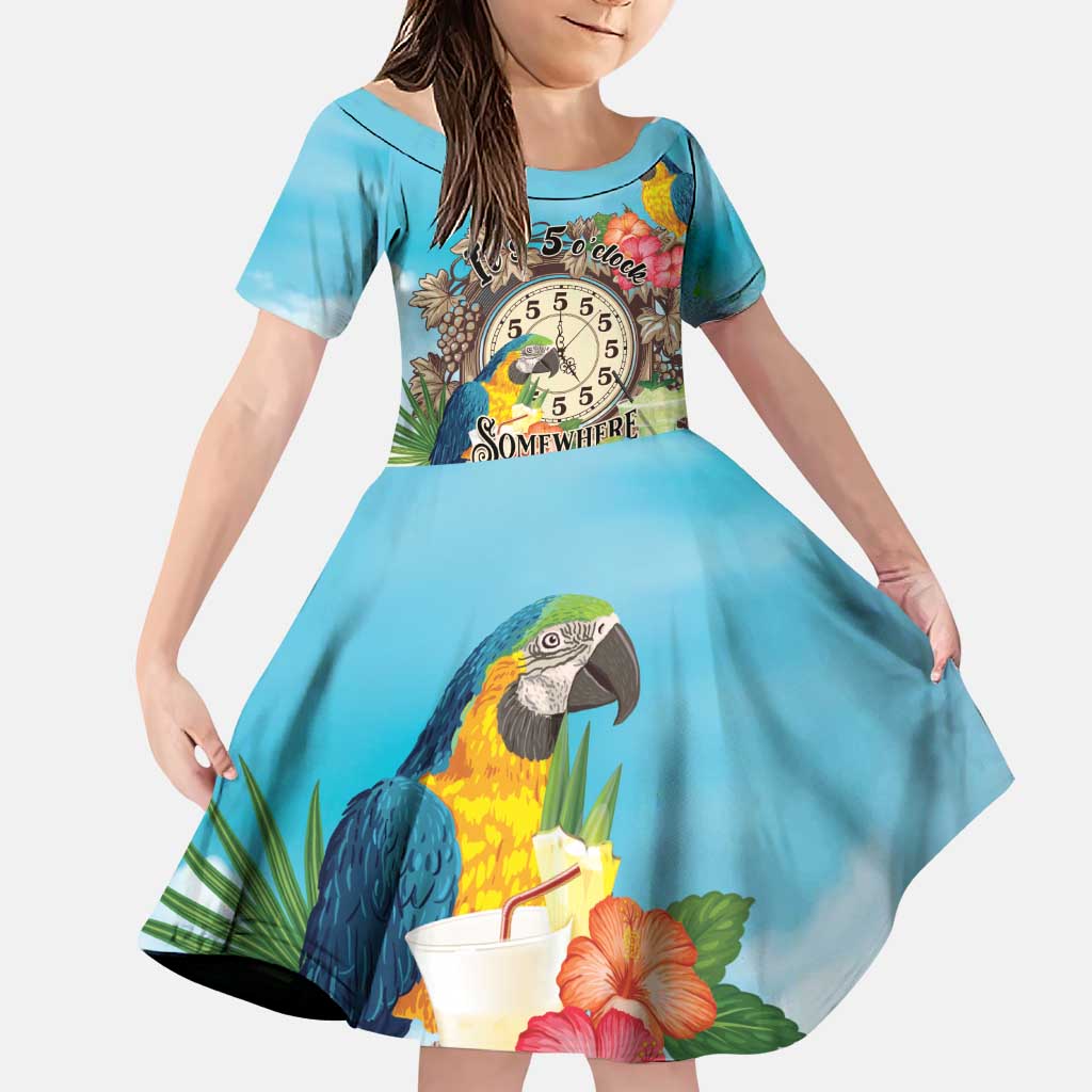 Personalized It's 5 o'clock Somewhere Family Matching Puletasi and Hawaiian Shirt Hawaiian Tropical Parrots LT01 Daughter's Dress Blue - Polynesian Pride