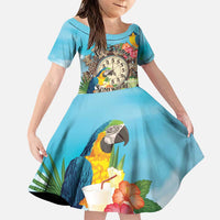 Personalized It's 5 o'clock Somewhere Family Matching Puletasi and Hawaiian Shirt Hawaiian Tropical Parrots LT01 Daughter's Dress Blue - Polynesian Pride