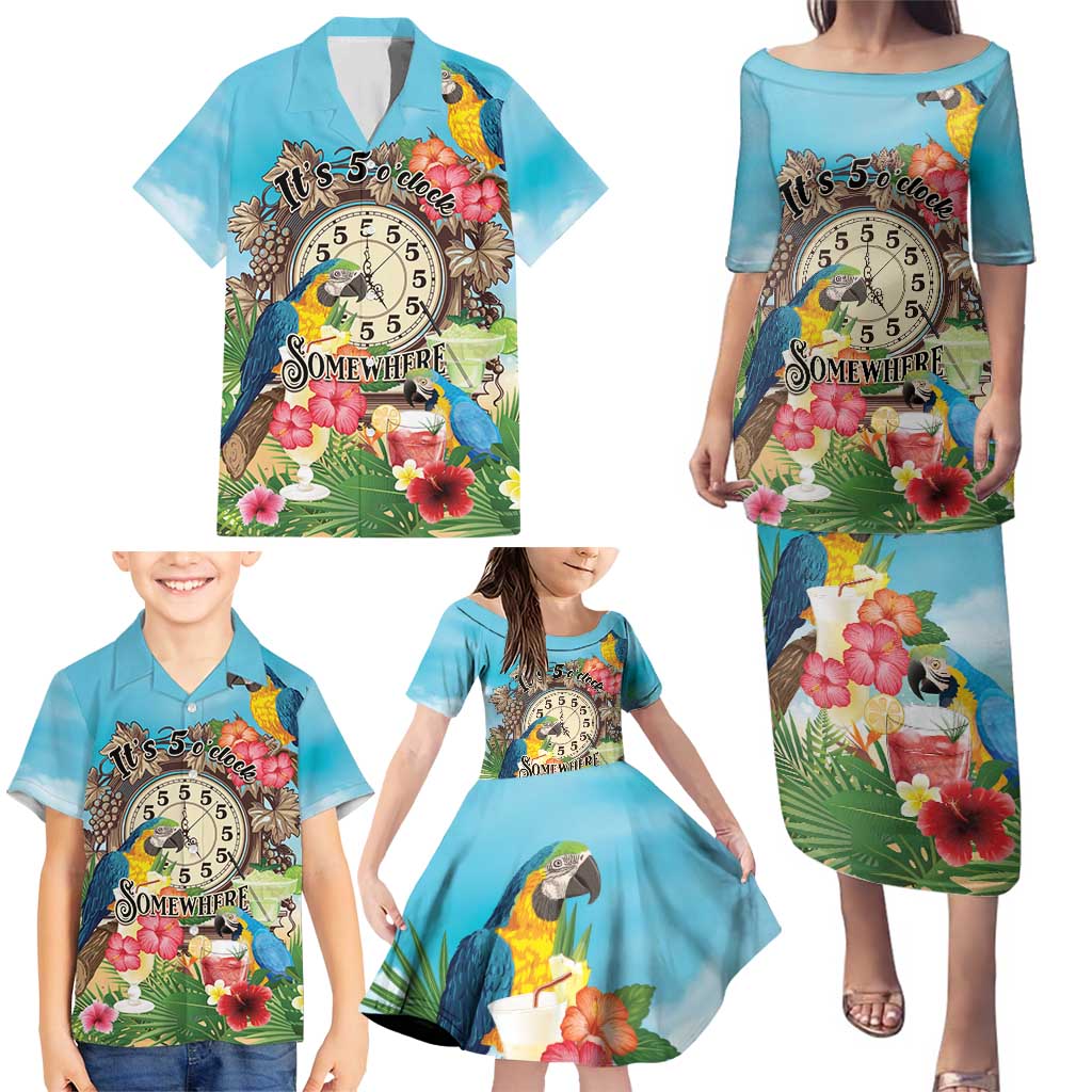 Personalized It's 5 o'clock Somewhere Family Matching Puletasi and Hawaiian Shirt Hawaiian Tropical Parrots LT01 - Polynesian Pride
