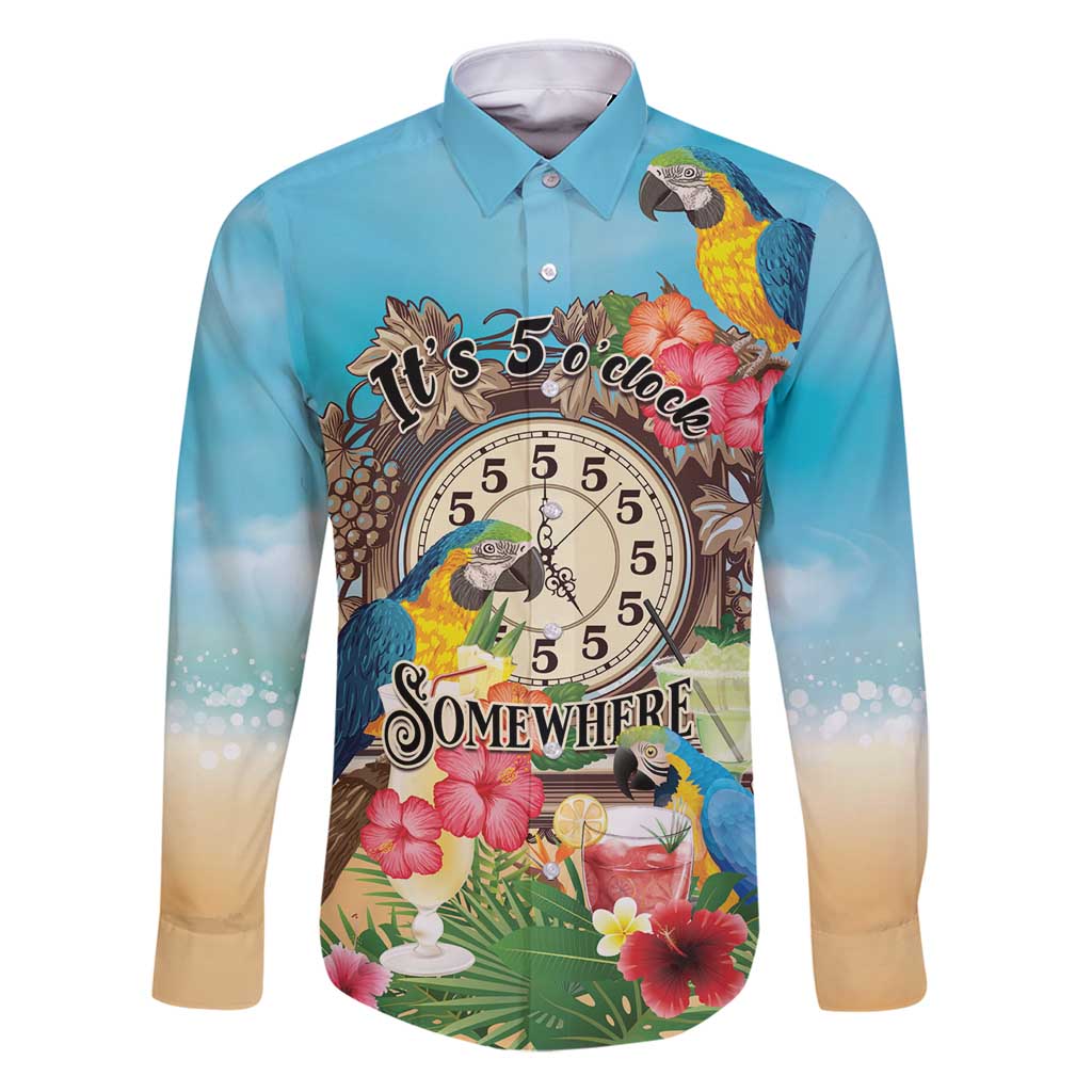 Personalized It's 5 o'clock Somewhere Family Matching Puletasi and Hawaiian Shirt Hawaiian Tropical Parrots LT01 Dad's Shirt - Long Sleeve Blue - Polynesian Pride