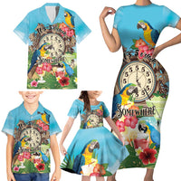 Personalized It's 5 o'clock Somewhere Family Matching Short Sleeve Bodycon Dress and Hawaiian Shirt Hawaiian Tropical Parrots - Polynesian Pride