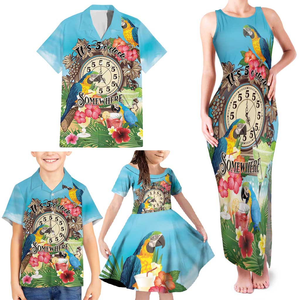 Personalized It's 5 o'clock Somewhere Family Matching Tank Maxi Dress and Hawaiian Shirt Hawaiian Tropical Parrots - Polynesian Pride