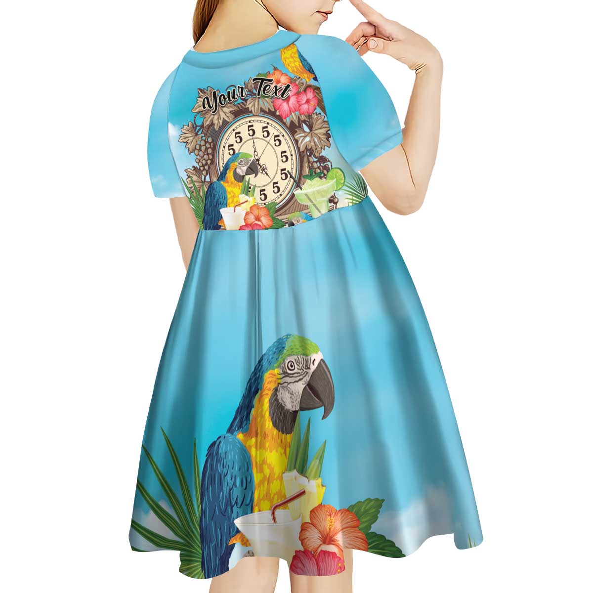 Personalized It's 5 o'clock Somewhere Kid Short Sleeve Dress Hawaiian Tropical Parrots - Polynesian Pride