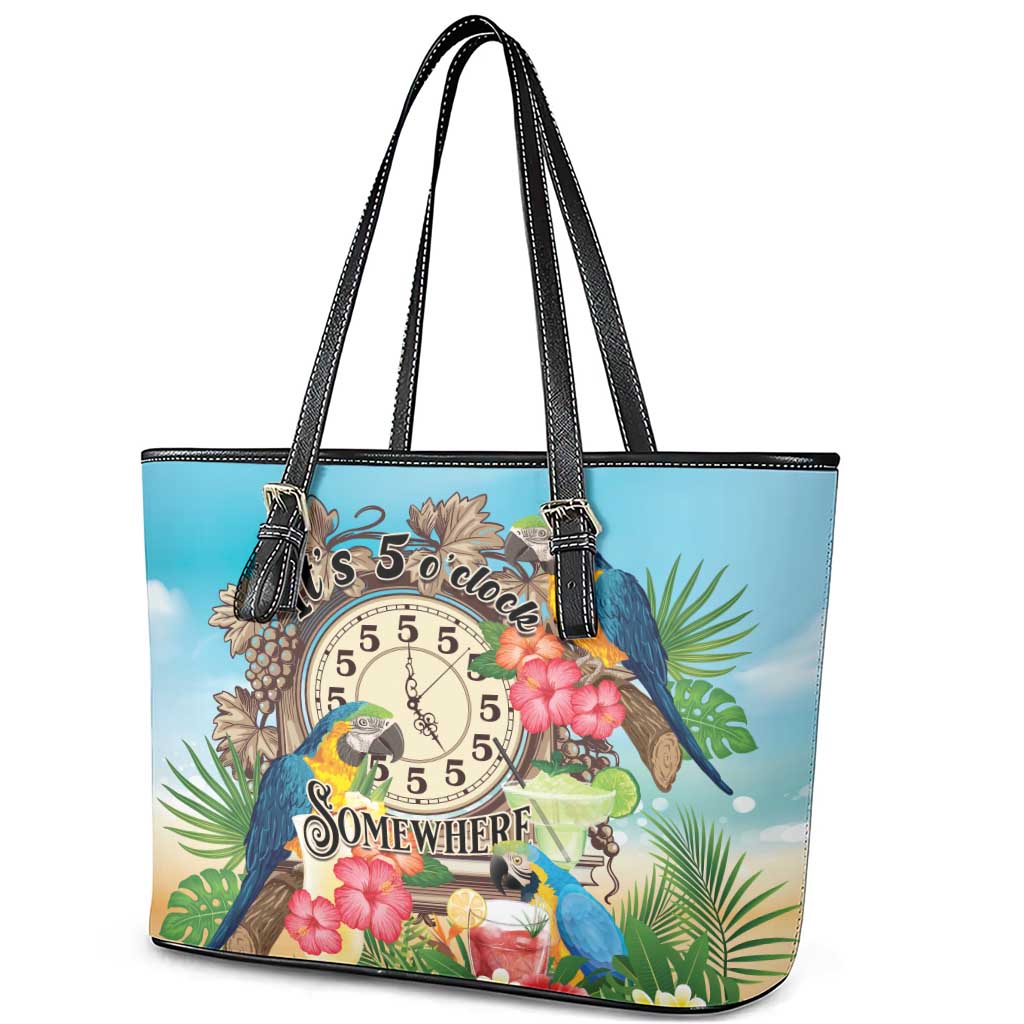 It's 5 o'clock Somewhere Leather Tote Bag Hawaiian Tropical Parrots - Polynesian Pride