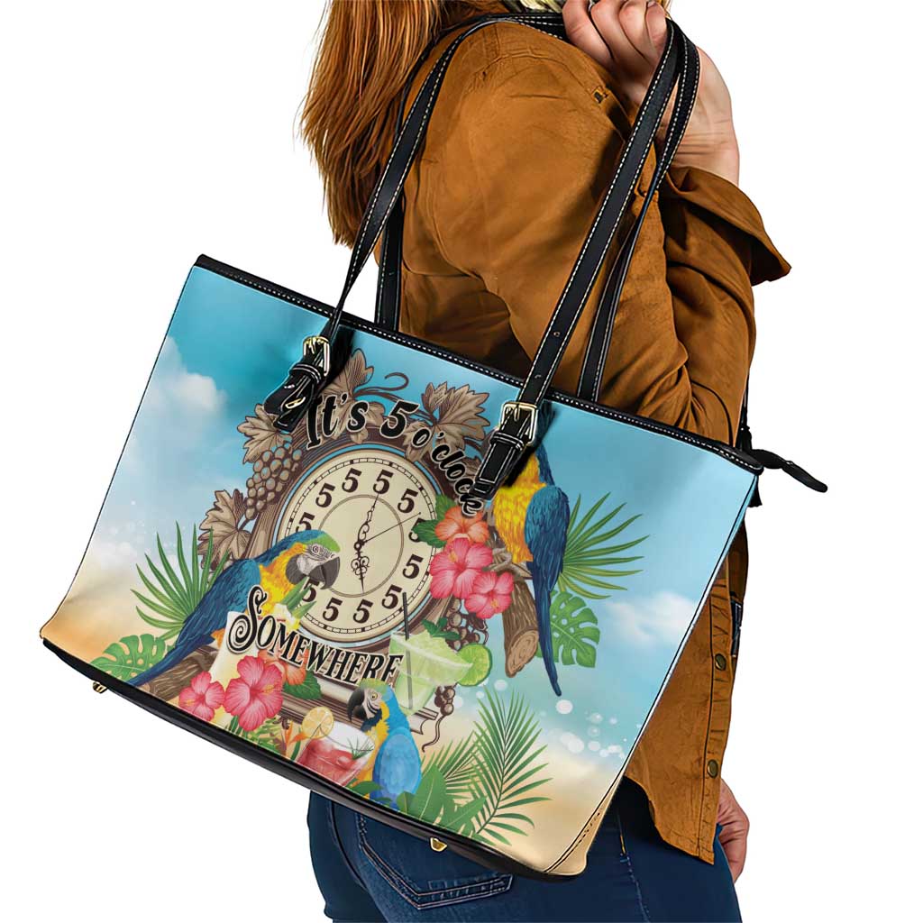 It's 5 o'clock Somewhere Leather Tote Bag Hawaiian Tropical Parrots - Polynesian Pride