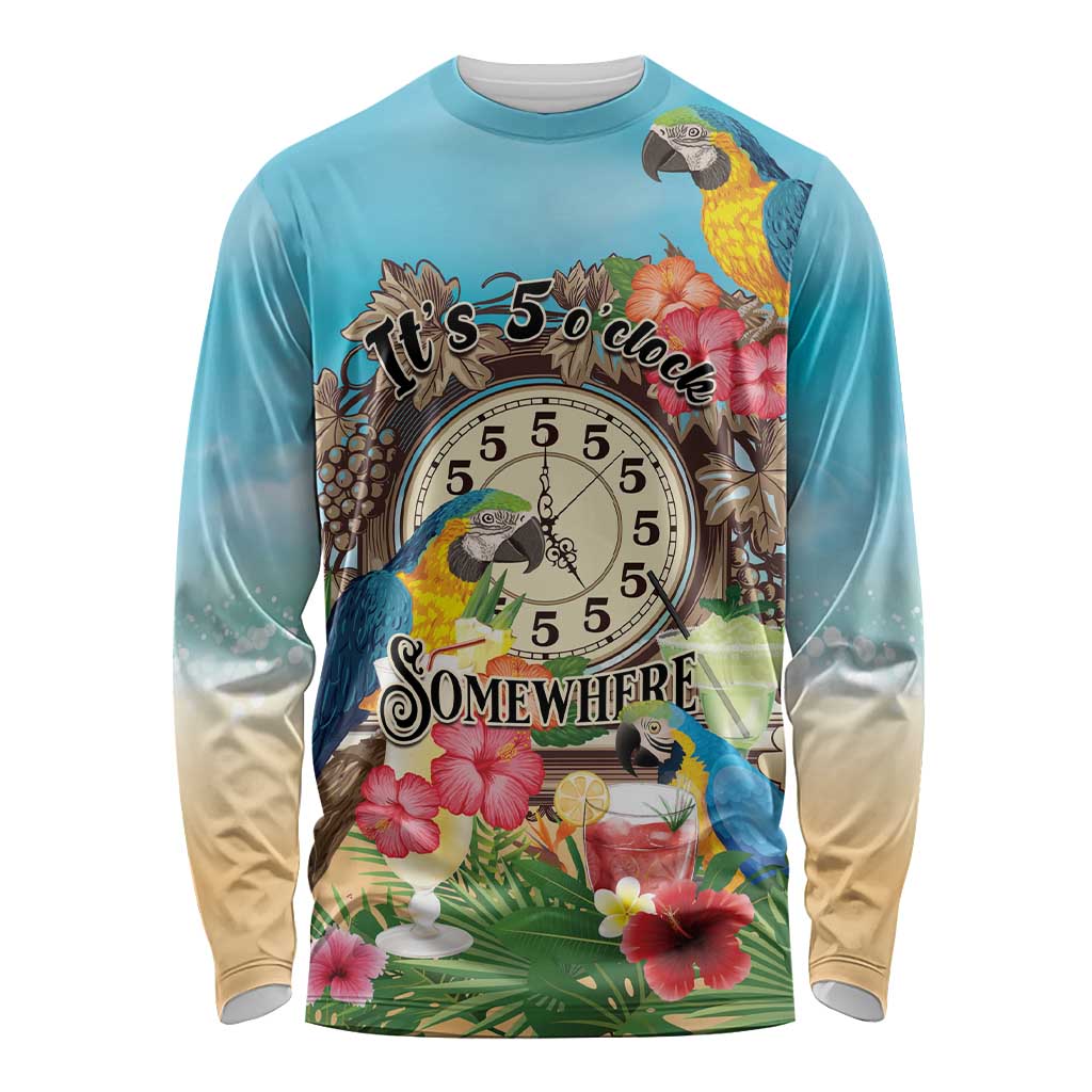 Personalized It's 5 o'clock Somewhere Long Sleeve Shirt Hawaiian Tropical Parrots - Polynesian Pride