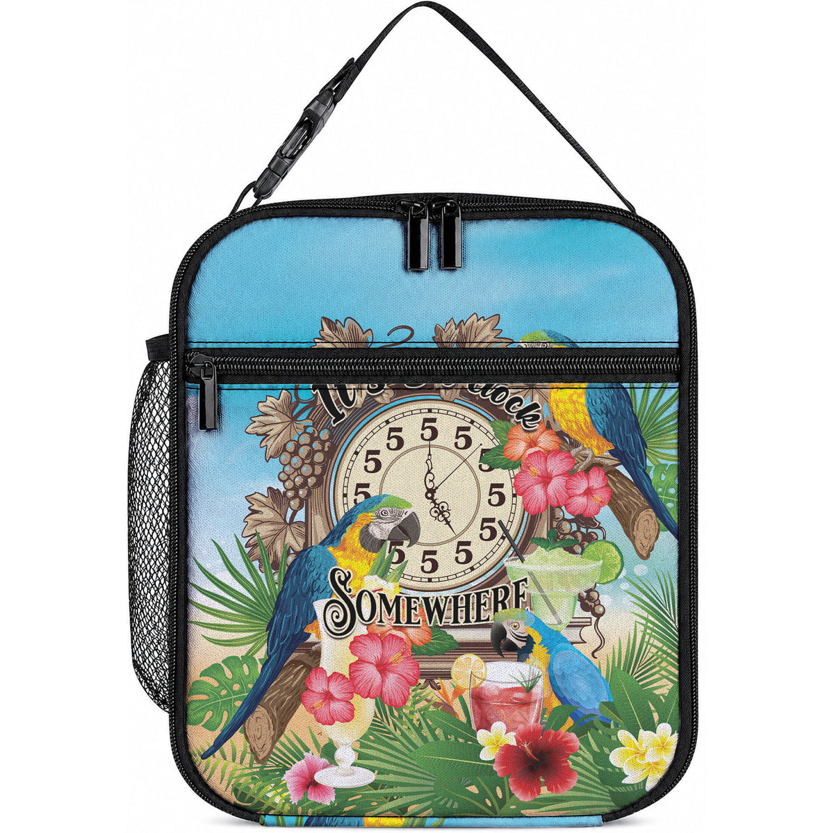 It's 5 o'clock Somewhere Lunch Bag Hawaiian Tropical Parrots LT01 10.2 × 8.3 × 4.3 inch Blue - Polynesian Pride