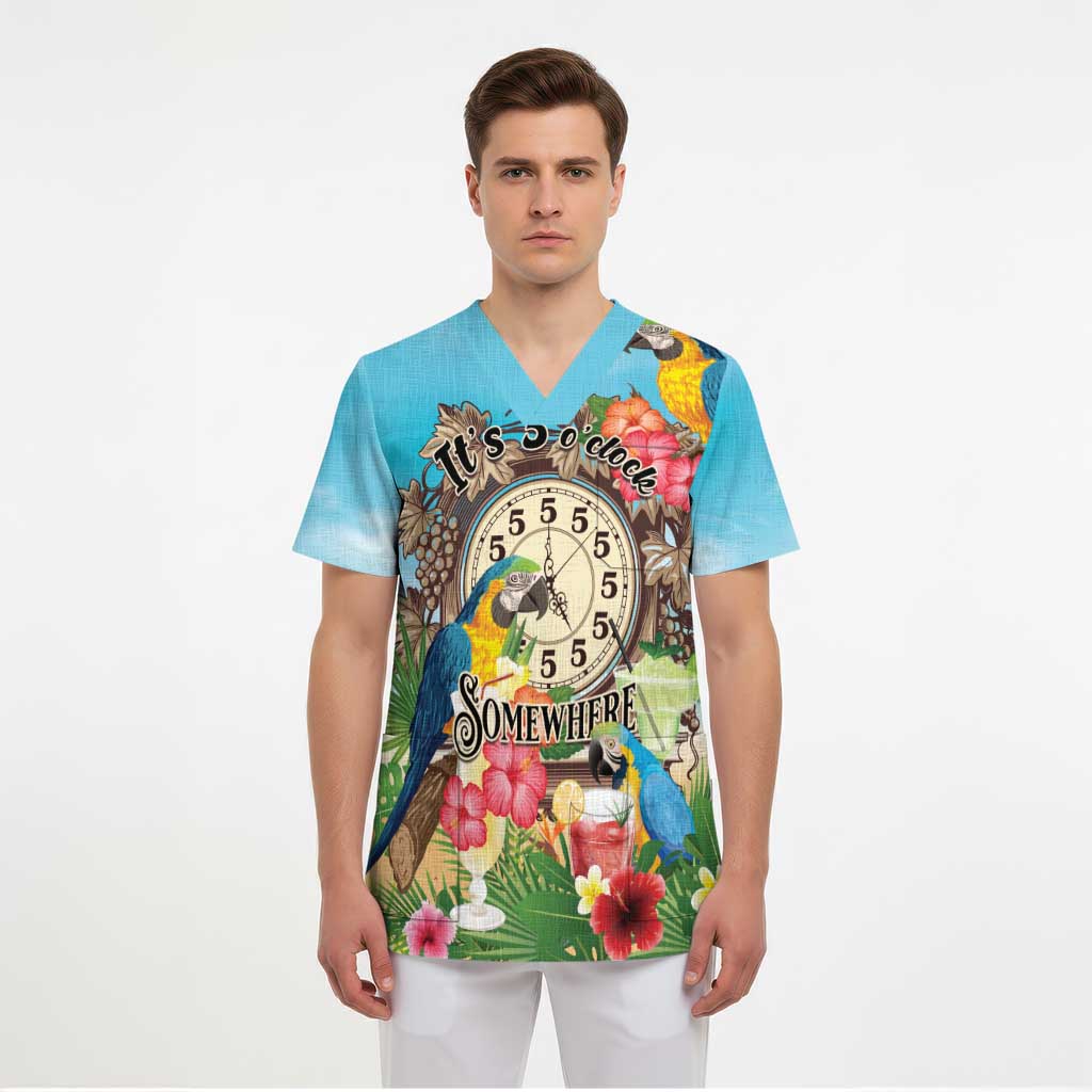 Personalized It's 5 o'clock Somewhere Scrub Top Hawaiian Tropical Parrots - Polynesian Pride